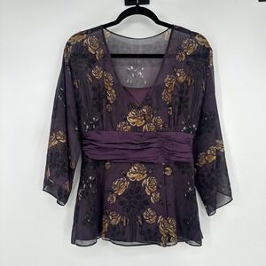 Y2K Antonio Melani Purple Whimsy Fairy Blouse Rose Floral Flare Boho Romantic 8